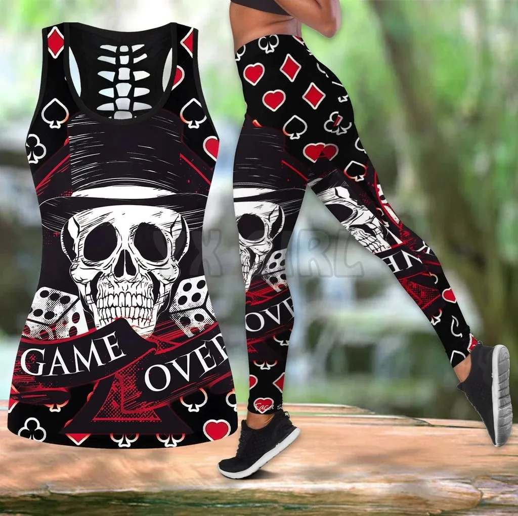 Skull Gamble Game Over  3D Printed Tank Top+Legging Combo Outfit Yoga Fitness Legging Women