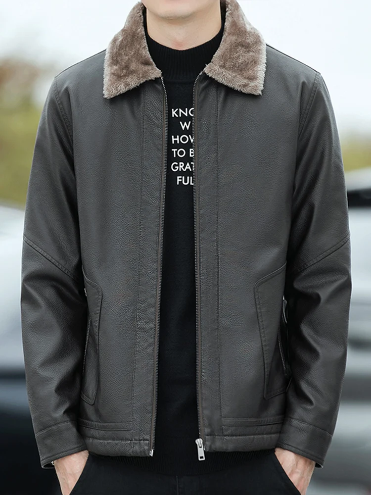 Мужское кожаное пальто с меховым воротником. Теплая ветрозащитная кожаная