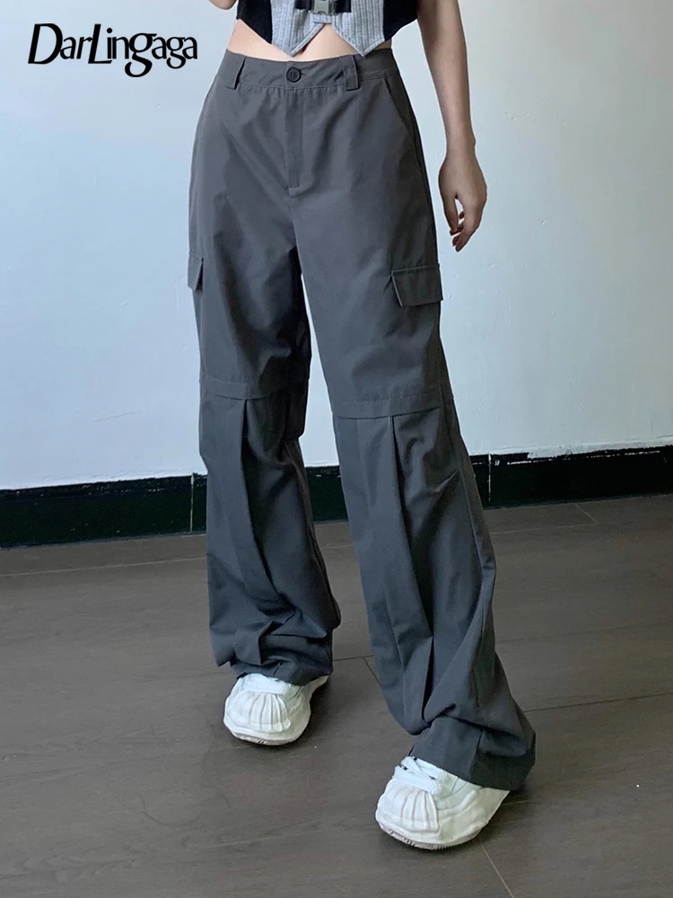 

Брюки-карго Darlingaga Женские Повседневные базовые серые, модные мешковатые брюки с прямыми штанинами в Корейском стиле, спортивные штаны