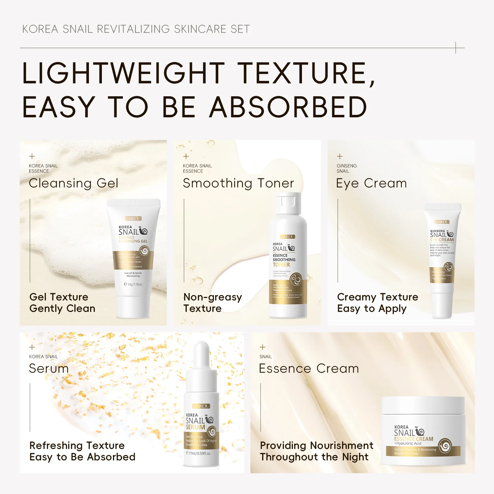 Фото LAIKOU Уход за кожей улитки, пятисекционный очищающий гель для лица, тонер-эссенция, крем для глаз, крем-эссенция, улучшение эластичности №3