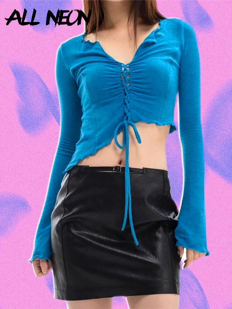 

ALLNeon 2000s Fashion Cute Basic Ruched Long Sleeve T-shirts Y2K Streetwear Lace Up V-neck Lettuce Trim Crop Tops Slim Sexy Tees