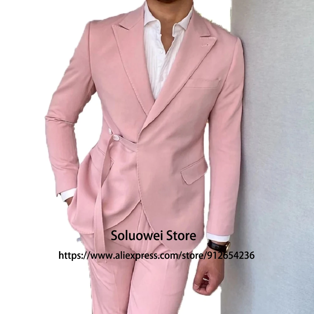 

Fashion Pink Suits For Men Slim Fit Groom Wedding Peaked Lapel Tuxedo With Belt 2 Piece Jacket Pants Set Male Business Blazer