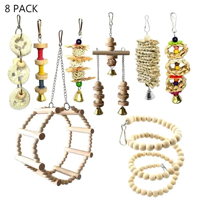 

8Pcs Wood Bird Parrot Swing Chewing Toys Climbing Wheel Rattan Ball Bell Cage Toys for Small Parakeets Cockatiel