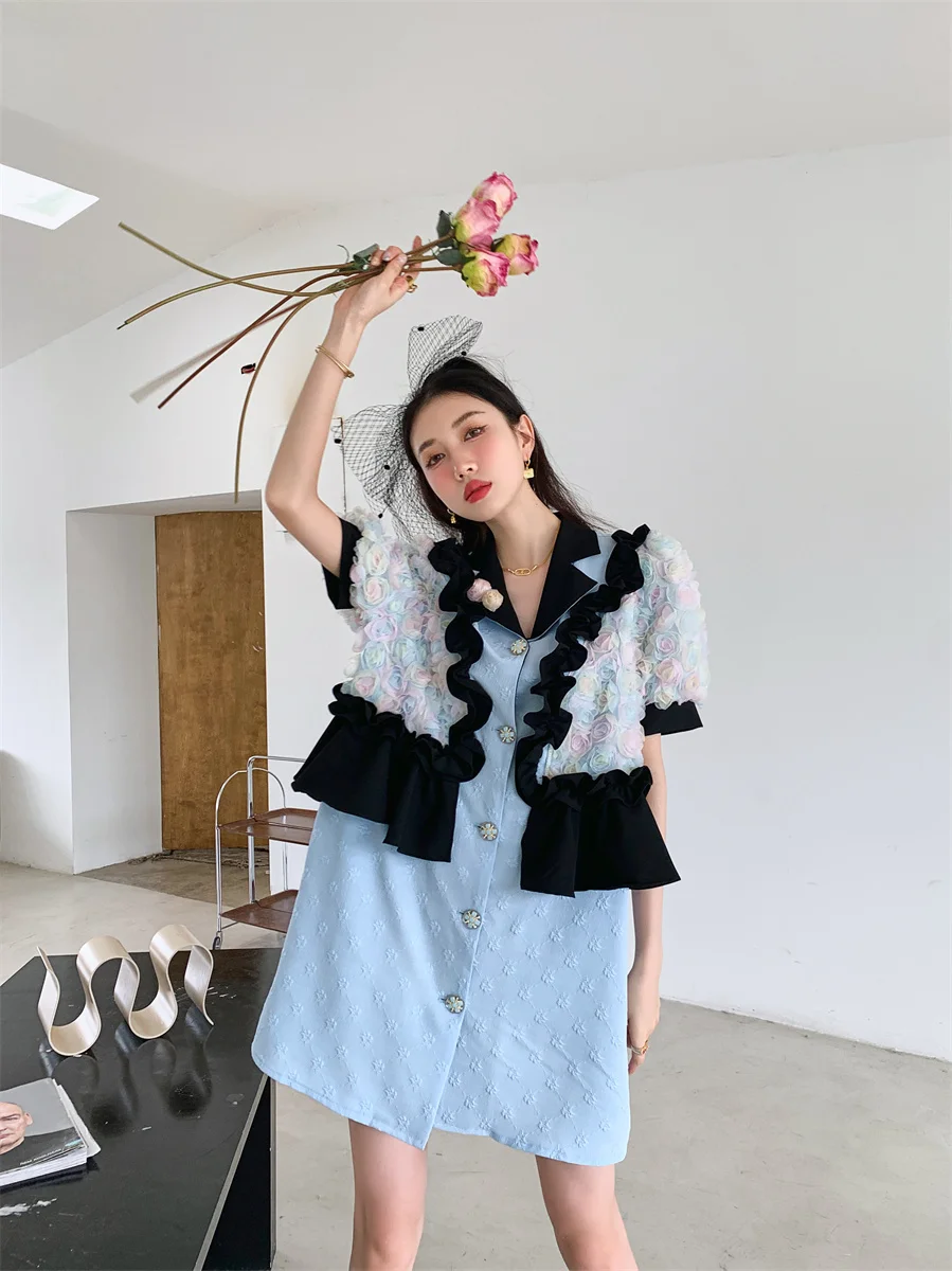 

SuperAen 2022 Color Contrast Three-dimensional Flower Notched Summer Original Fake Two Ruffle Straight Casual Dresses for Women