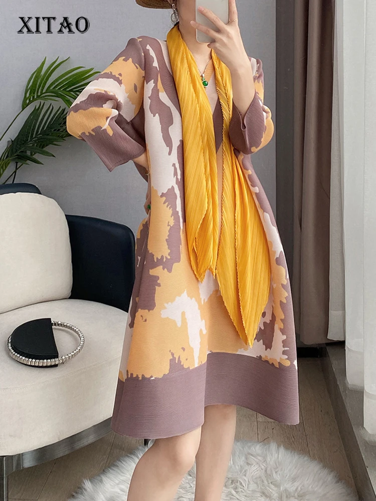 

XITAO Повседневное платье со складками, свободное, модное, контрастный цвет, v-образный вырез, пуловер, простота, Винтаж, длинный рукав, осень, н...