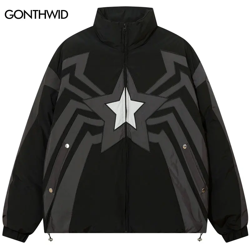 

Зимнее пальто в стиле хип-хоп, парки с подкладкой, Толстая теплая водонепроницаемая парка в полоску со звездами с вышивкой, куртки 2023, Пузырьковые парки в стиле Харадзюку