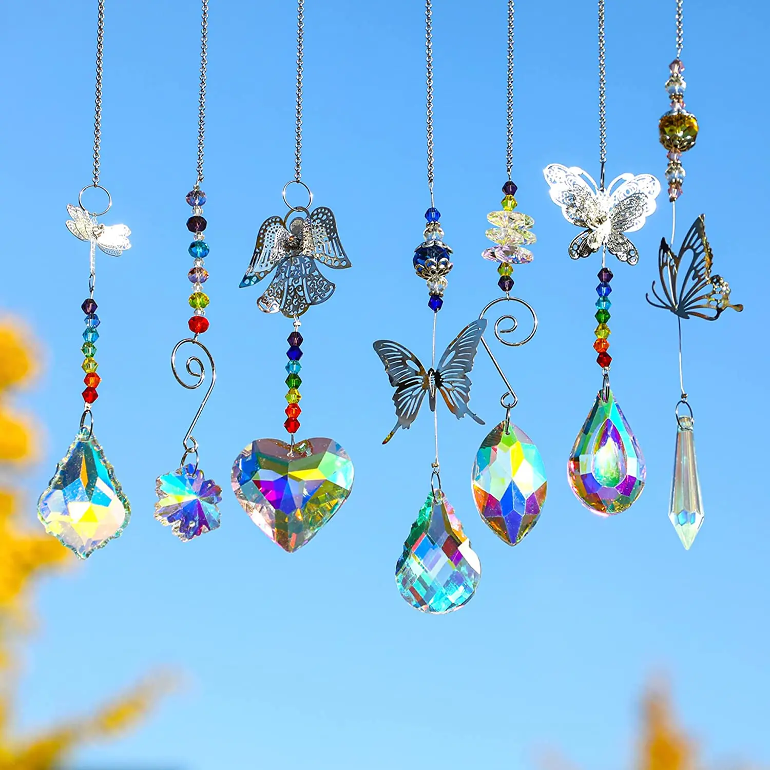 

H&D Set 7 AB Coating Crystal Prisms Suncatchers Rainbow Maker with Butterfly, Dragonfly and Angel Charms