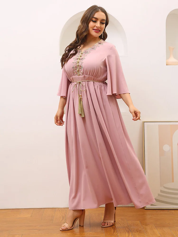 Элегантное мусульманское платье для женщин, абайя, мусульманское, розовое вечерние шнуровке, Марокканское вечернее платье, длинное платье, ...
