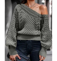 2021 new autumn spring sweater womens one neck knit off shoulder long lantern sleeve loose soft pullover long sleeve sweater