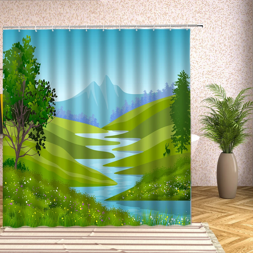 

Oil Painting Spring Scenery Shower Curtain Flower Plant Trees Scape High Quality Cartoon Cloth Bath Curtains Bathroom Home Decor