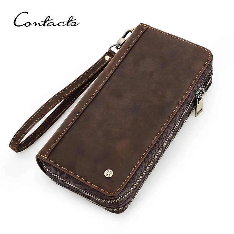 

CONTACT'S Genuine Leather Clutch Wallets For Men Long Vintage Zipper Handbags Coin Purses Card Holders Money Clip Men's Wallets
