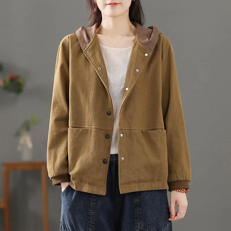 

Женская куртка с капюшоном, новинка весны 2022, Корейская свободная однотонная простроченная универсальная повседневная куртка в стиле ретр...