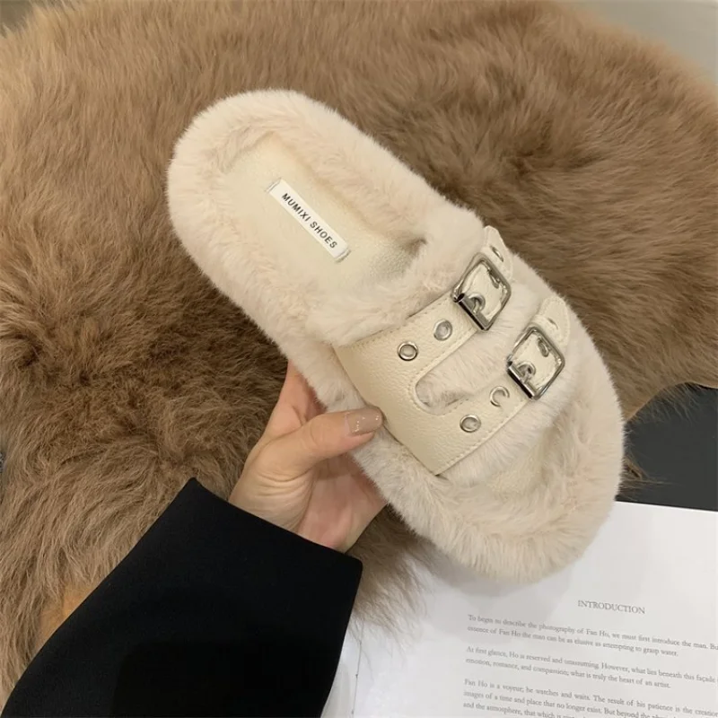 2022 Autumn and Winter New Belt Buckle Thick Bottom Fur Shoes Women's All-Match Fashion One Word Belt Cotton Slippers Women
