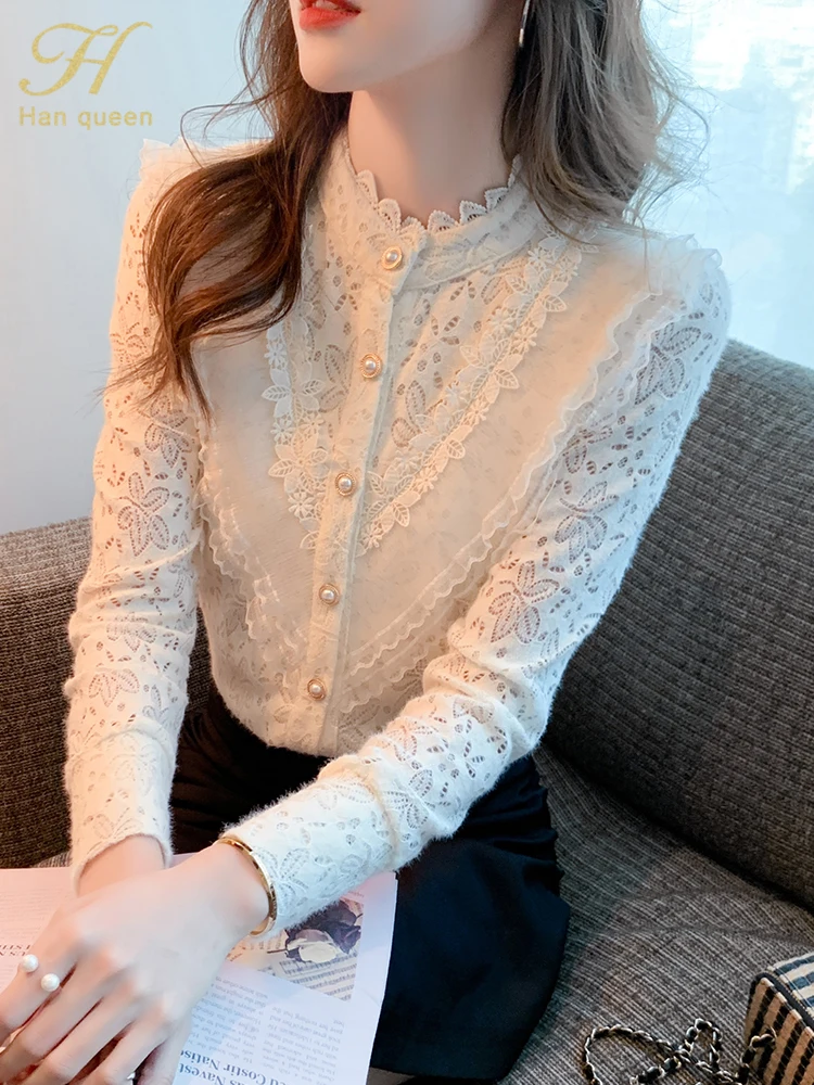 

H Han Queen Autumn Winter Bottoming Blouse Basic Office Lady Blusas Vintage Lace Tops Elegant Blouses Women Loose Casual Shirts