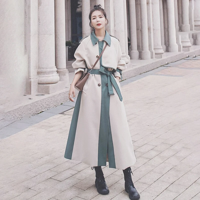 

Trench Coat Knee Splicing Contrast Double Breasted Female Loose Bandage Windbreaker Autumn Women's Fashion 2022 Spring Jacket