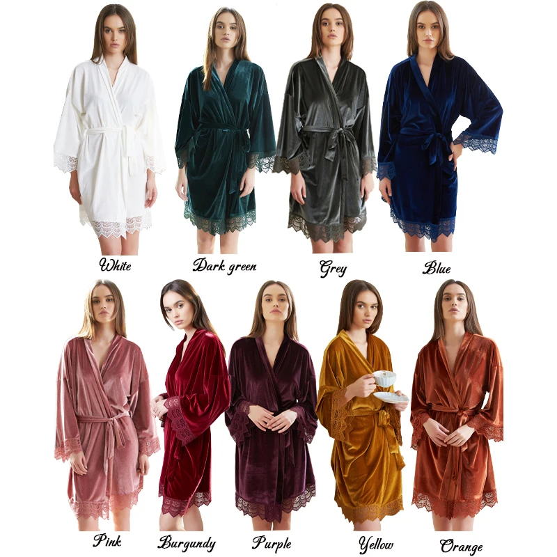 Fashion Velvet Robe Bride Robe Bridesmaid Robes Short Lace Robe Bathrobe Wedding Gown