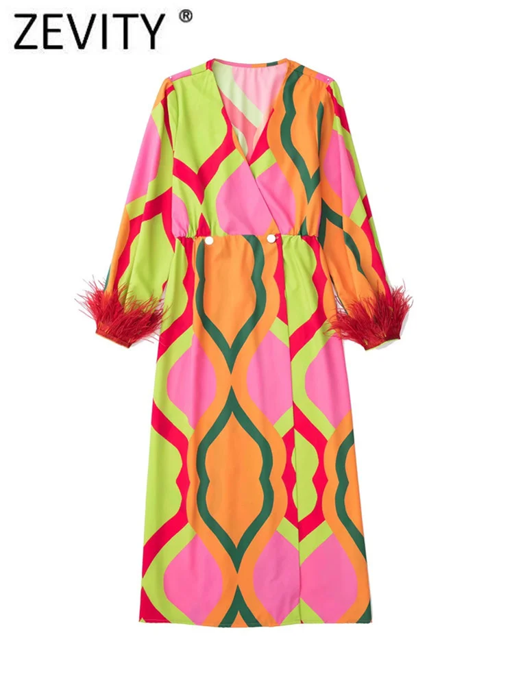 Zevity Women Vintage V Neck Turkish Geometric Print Kimono Midi Dress Ladies Chic Feathers Design Long Sleeve Vestidos DS973