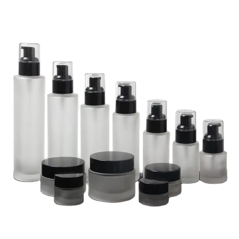 

120ml,100ml,80ml,60ml,40ml,20ml Frosted Clear Glass Lotion Pump Bottle,Black Cap,50g,20g Empty Cream Jar,Cosmetic Packing Bottle