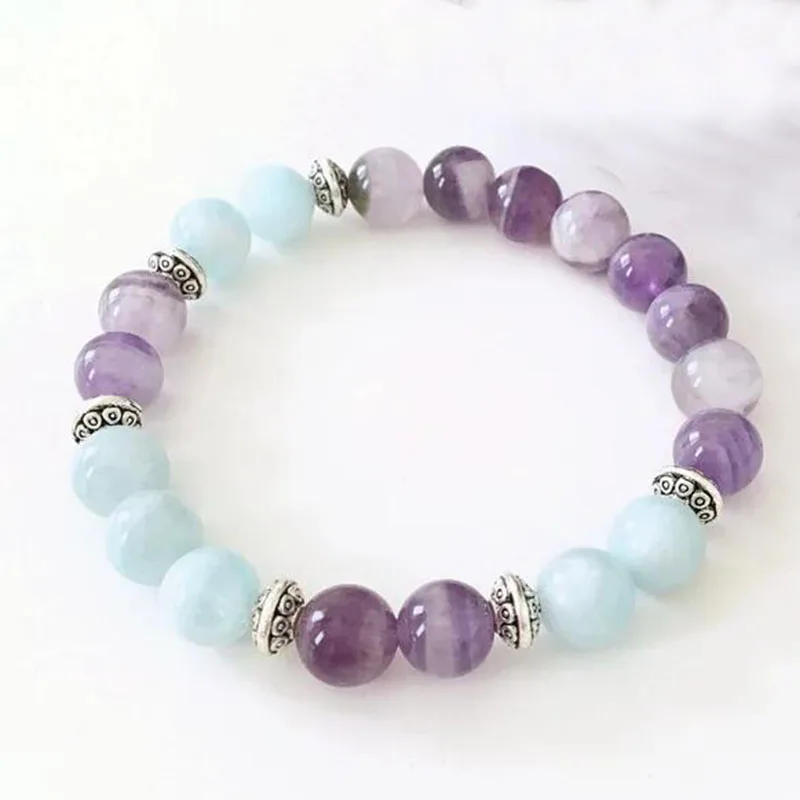 

Женский браслет из натурального камня аметиста и А-камарина, 8 мм