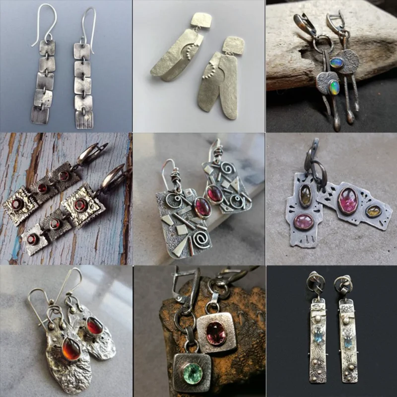 

Vintage Fashion Asymmetrical Earrings for Women Ethnic Tribal Gemstones Bohemian Ins Jewelry for Women Earrings Accessorise Gift