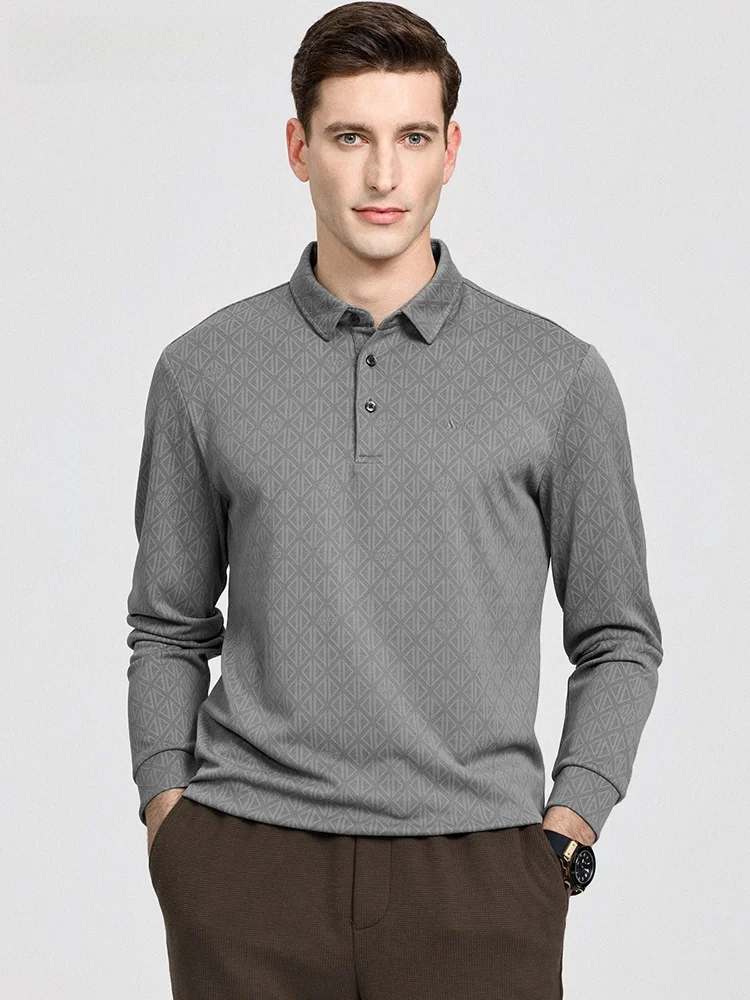 [Клетчатая стрейч] футболка Shanshan с лацканами и длинными рукавами мужская года