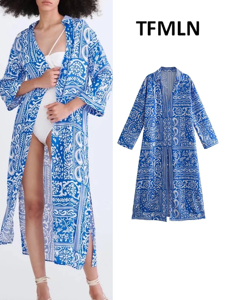 

Женские платья TFMLN с принтом, лето 2022, платья а-силуэта с отложным воротником и длинным рукавом, тонкая плявечерние ная одежда для вечеринок