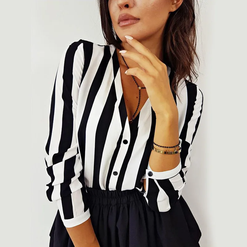 

Striped Button Women's Blouse Shirt Spring Long Sleeve Fashion Woman Blouses 2022 V-Neck Button Casual Blouses and Shirts Top