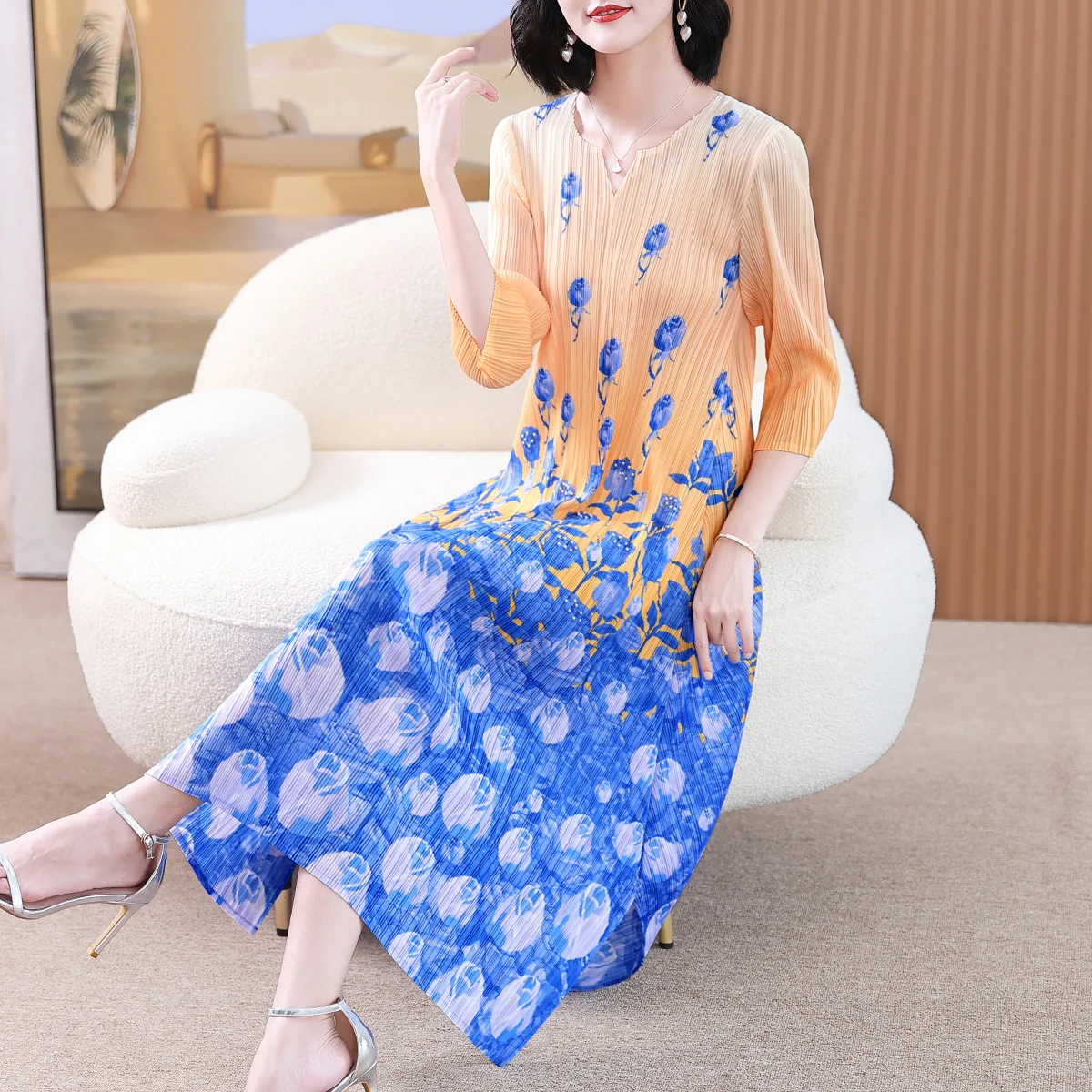 

Miyake Style Pleated Dress Women 2023 Summer Fashion Floral Print V-neck Loose Plus Size Casual A- Line Luxury Evening Dresses