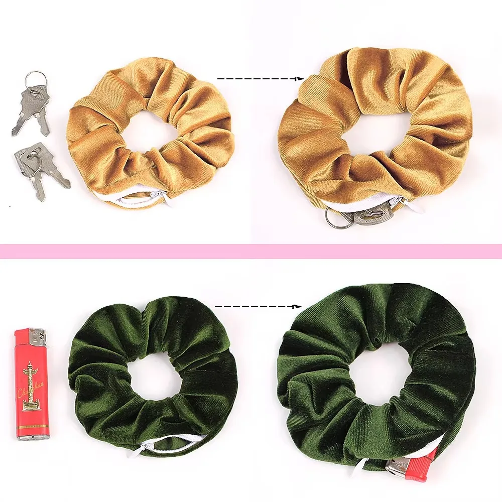 Portable Safe Sight Secret Hair Tie Storage Case Scrunchie With Zipper Hide Key Cash jewelry For Travel Outdoor