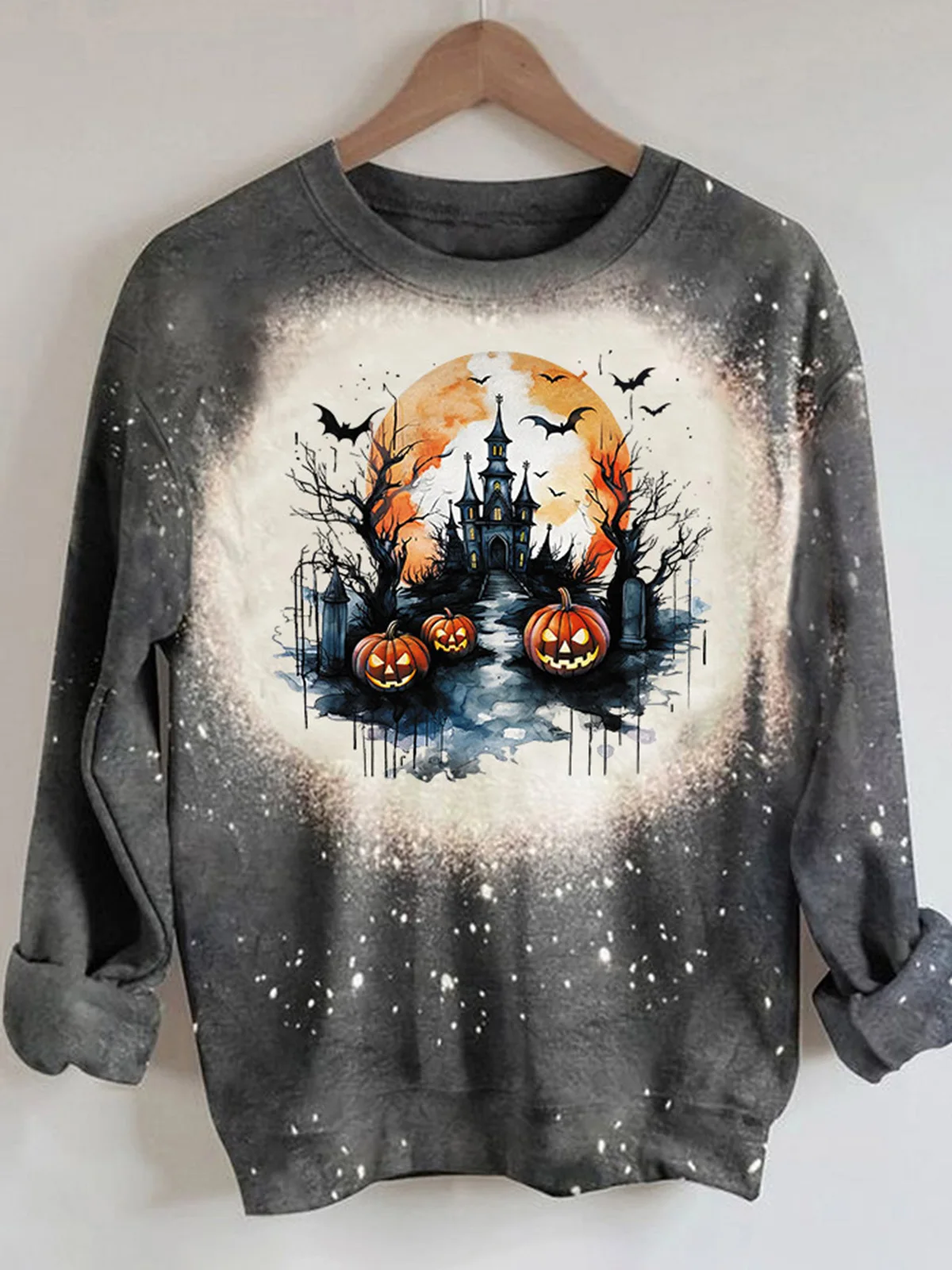 

Autumn Winter Halloween Pumpkin Face Castle Bat Bleached Sweatshirt - Dark Grey Streetwear Female Casual Loose Tops For Women