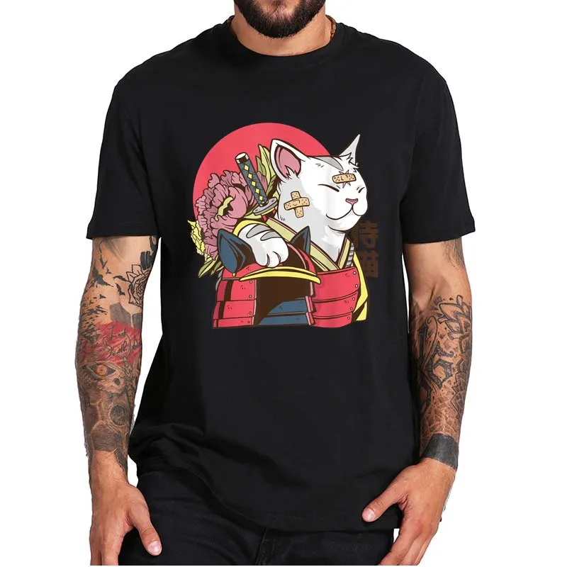 

Funny Manga Samurai Cat T-Shirt Geek Takuo Cat Lovers Cute T Shirt Casual 100% Cotton Soft Premium Men's Tee EU Size