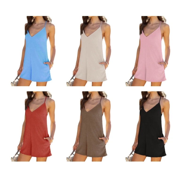 

Women Sexy V-Neck Spaghetti Strap Solid Color Short Romper with Pockets Casual Ribbed Racerback Cami Jumpsuits Playsuits