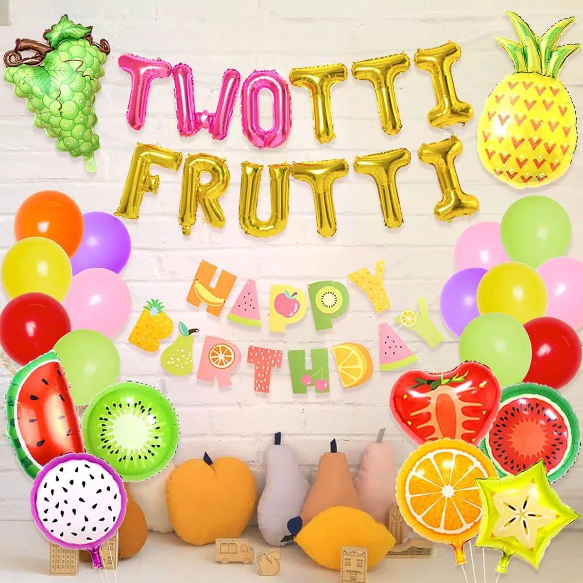 

JOLLYBOOM Twotti Frutti Birthday Party Balloon Set Pineapple Grape Cake Topper Foil Balloon for 2nd Birthday Decoration Supplies