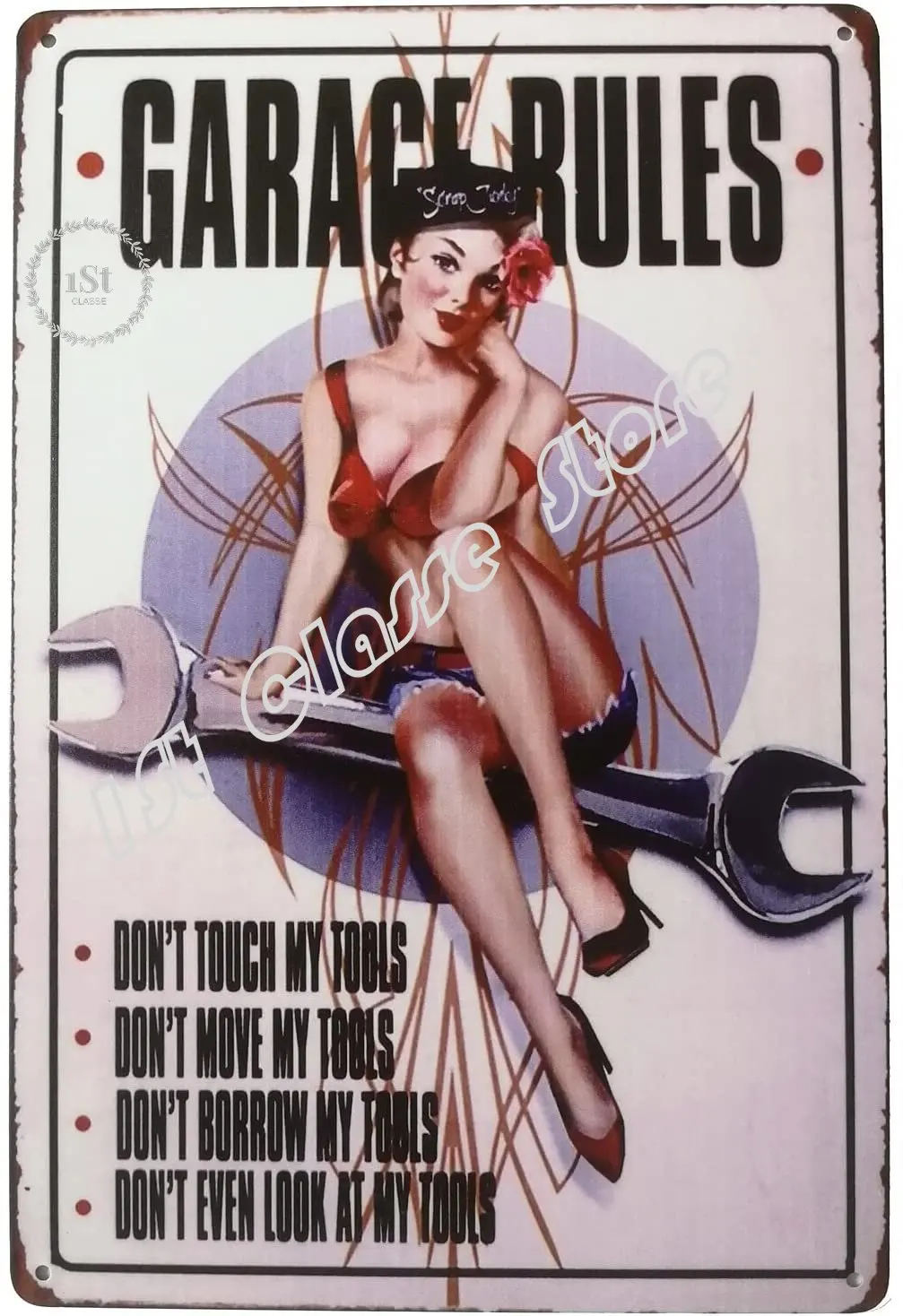 

Garage Rules Sign Pin Up Girl Retro Vintage Decor Metal Tin Sign Great Tool for The Garage