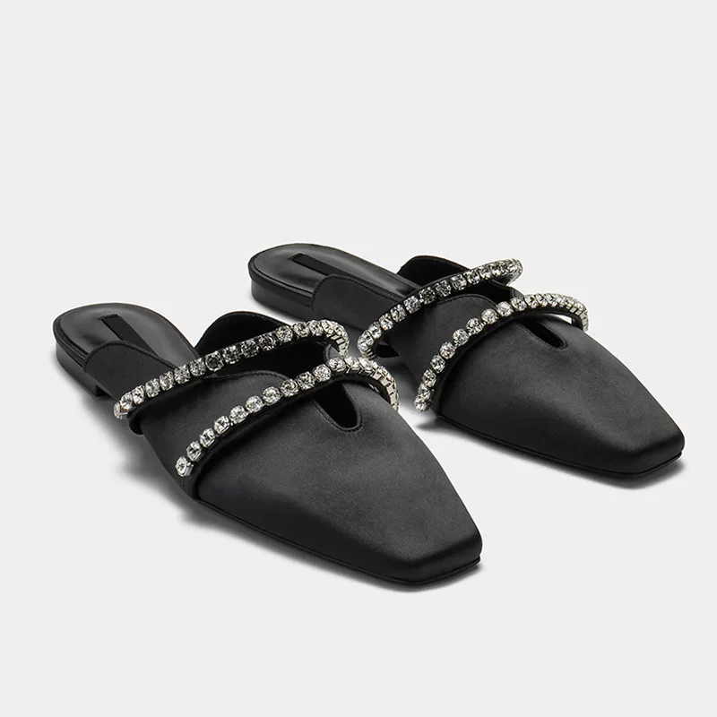 

Женские уличные туфли на плоской подошве, черные туфли без задника с квадратным носком, украшенные кристаллами, на цепочке, сексуальная жен...