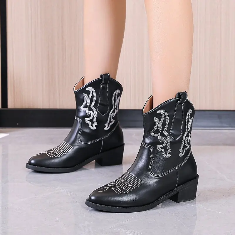 

Women Motorcycle Ankle Boots New Fashion PU Leather Shoes Black Wedges Woman Slip-on Embroidery Classic Warm Short Botas Mujer