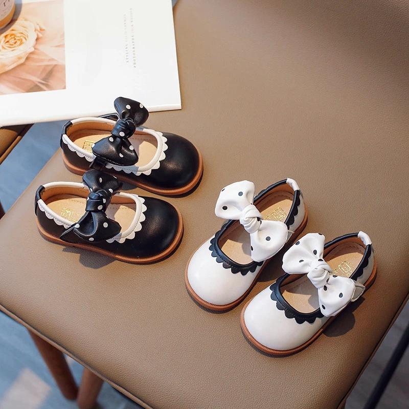 

Girls Leather Shoes Cute Bow Princess Shoes Girl Soft Bottom Early Autumn Polka Dot Little Children Student Dress Shoes G07314