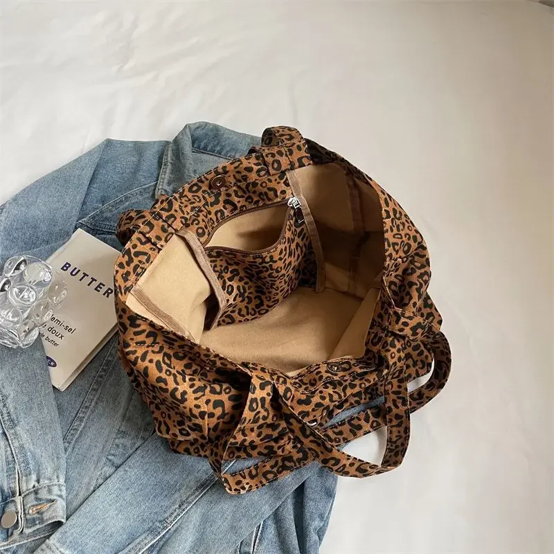 Винтажная большая сумка-тоут GAINNY с леопардовым принтом Женская холщовая