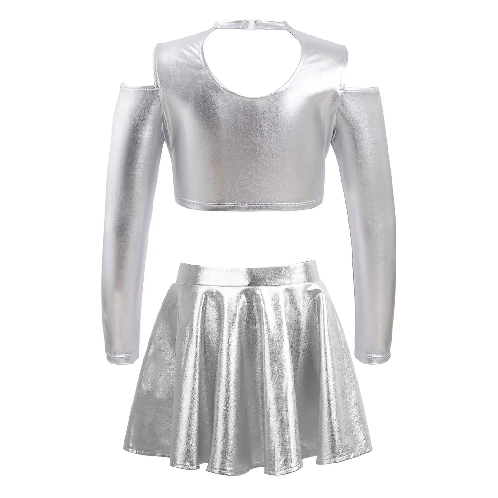 Детский танцевальный костюм для девочек блестящий металлический укороченный