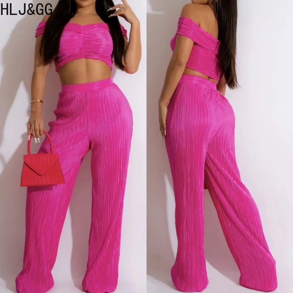 

HLJ&GG Fashion Streetwear Women Off Shoulder Short Sleeve Crop Top And Wide Leg Pants Two Piece Sets Casual Solid 2pcs Outfits