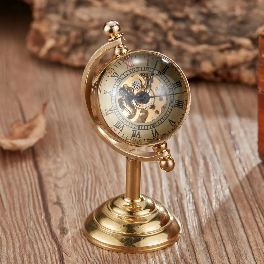 Vintage Spinning Globe Gold Desk Clock Men Creative Gift For Pocket Watch Copper Table Clock Mechanical Pocket Watch Male
