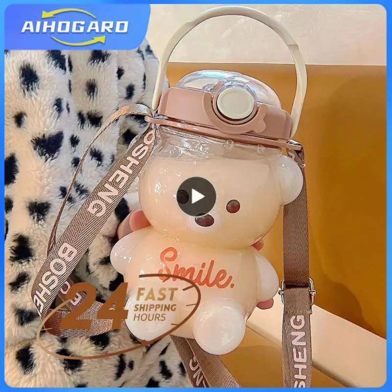 

1100/1400ML Kawaii Bear Water Bottle With Straw Strap Milk Bubble Tea Cup Cute Kids Girls School Outdoor Drink Water Bottles