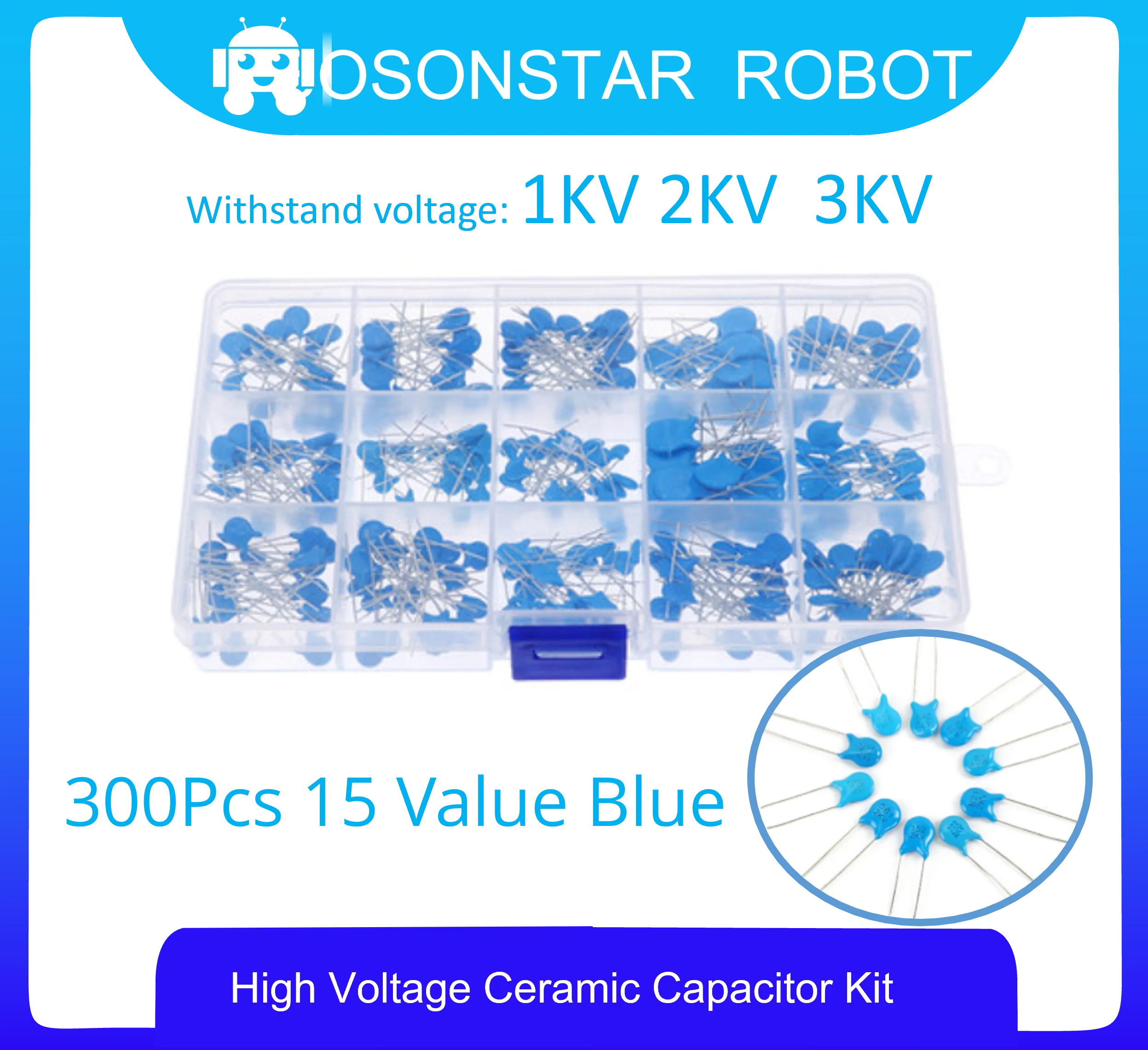 300Pcs 15 Value Blue High Voltage Ceramic Capacitors Assortment Assorted Kit Box