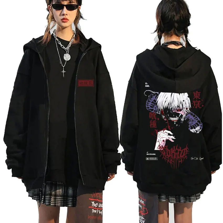 

Anime Tokyo Ghoul Kanekiken Spider Lily Double Sided Print Zipper Hoodie 90s Unisex Sweatshirt Men Manga Oversized Zip Up Jacket