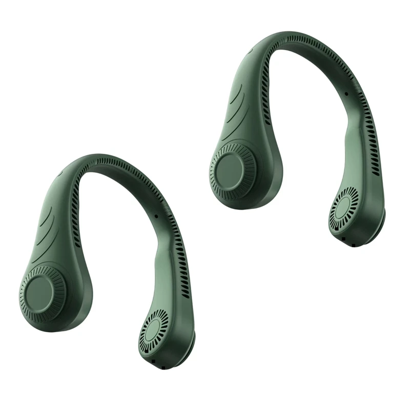 

2X Portable Leafless Hanging Neck Fan,360 Degree Lazy Neckband Fan 78 Surround Air Outlets USB Rechargeable,Green