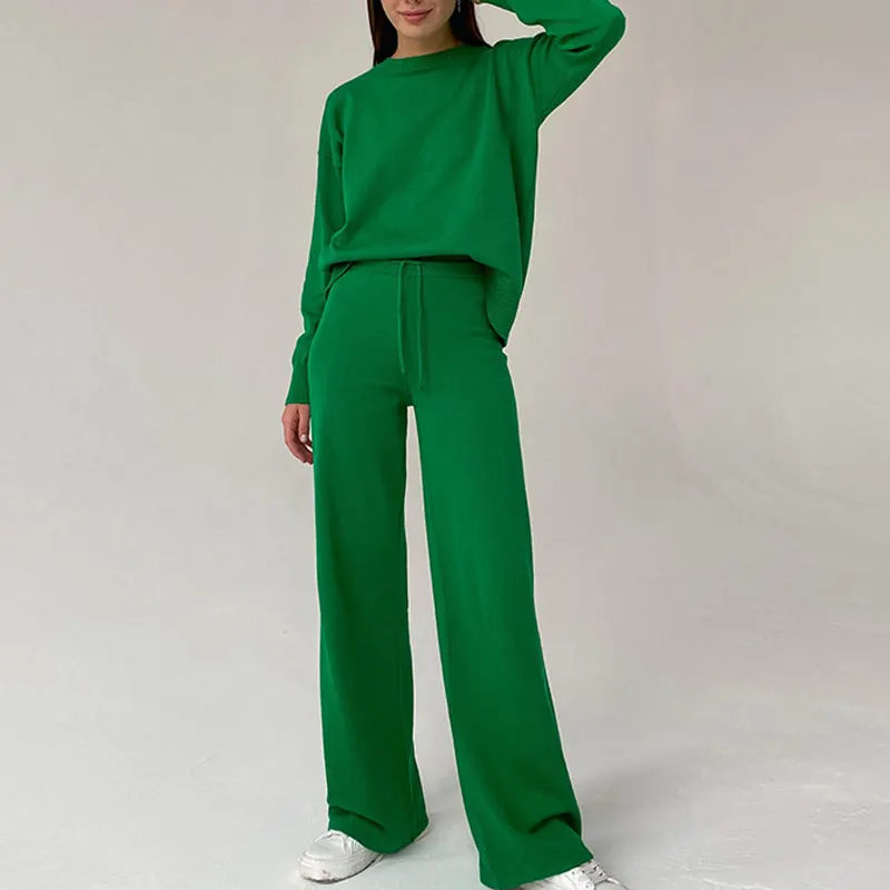 

Женский вязаный костюм с брюками, зеленый свитер с длинным рукавом и широкие брюки, свободный спортивный костюм