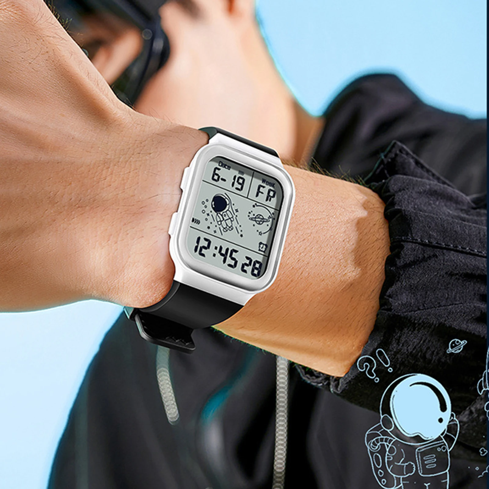 Цифровые спортивные часы с квадратным циферблатом светящиеся астронавтом для