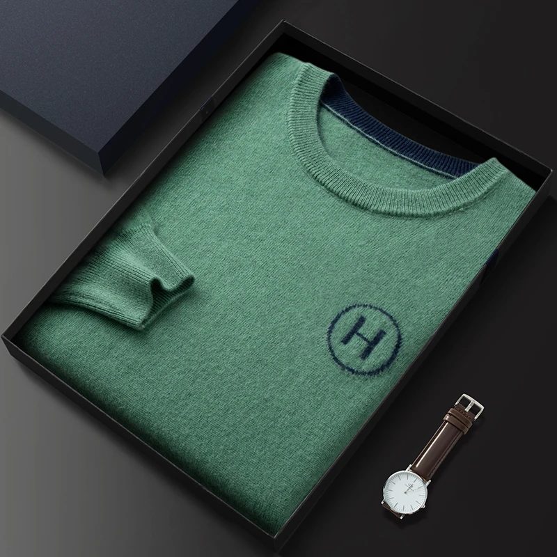 

2022 autumn and winter new light luxury cashmere sweater men's round neck embroidered sweater middle-aged and young knitted bott