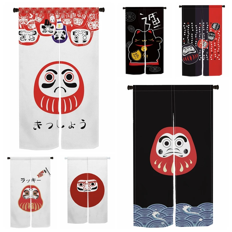 Фото Японские дверные занавески Noren с дизайном Lucky Daruma Doll и кошачьими волнами, льняные занавески для дверного проема, для домашнего декора, разделитель комнаты, полузанавески №1