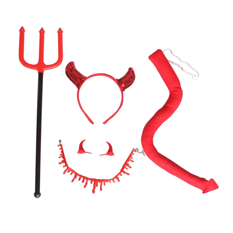 

New style 5pcs Devil Horn Headband & Tail & Choker Hairpin Kit for Halloween Party Unisex